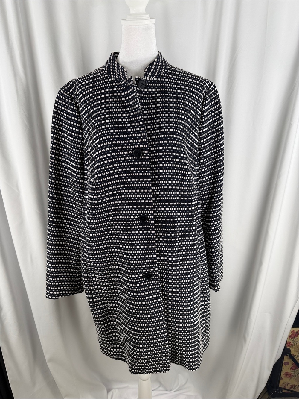 Anne Klein Navy and White Long-Sleeve Patterned Dress Coat